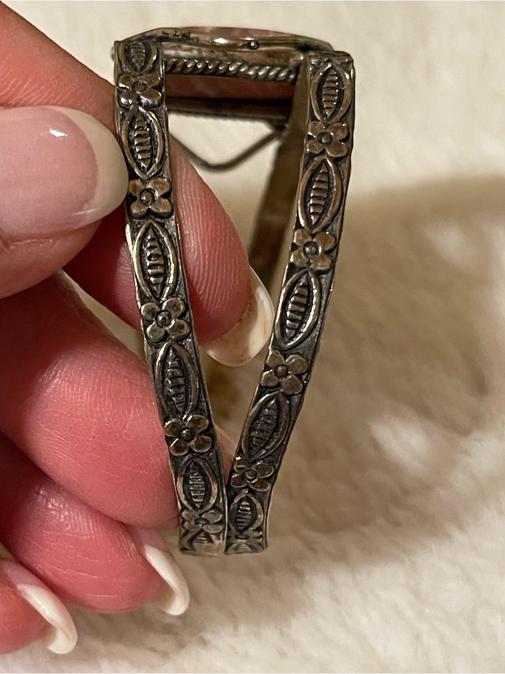 Pink Rhodochrosite Sterling Silver Style Ornate Cuff Bracelet - Picture 6 of 13